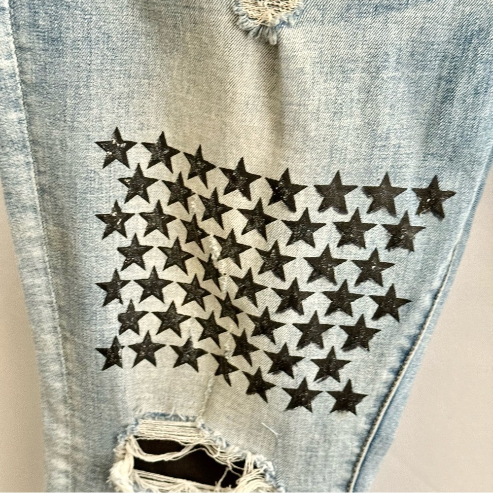 AMIRI Light Blue Skinny Jeans with Patterned Patches - Picture 9 of 10